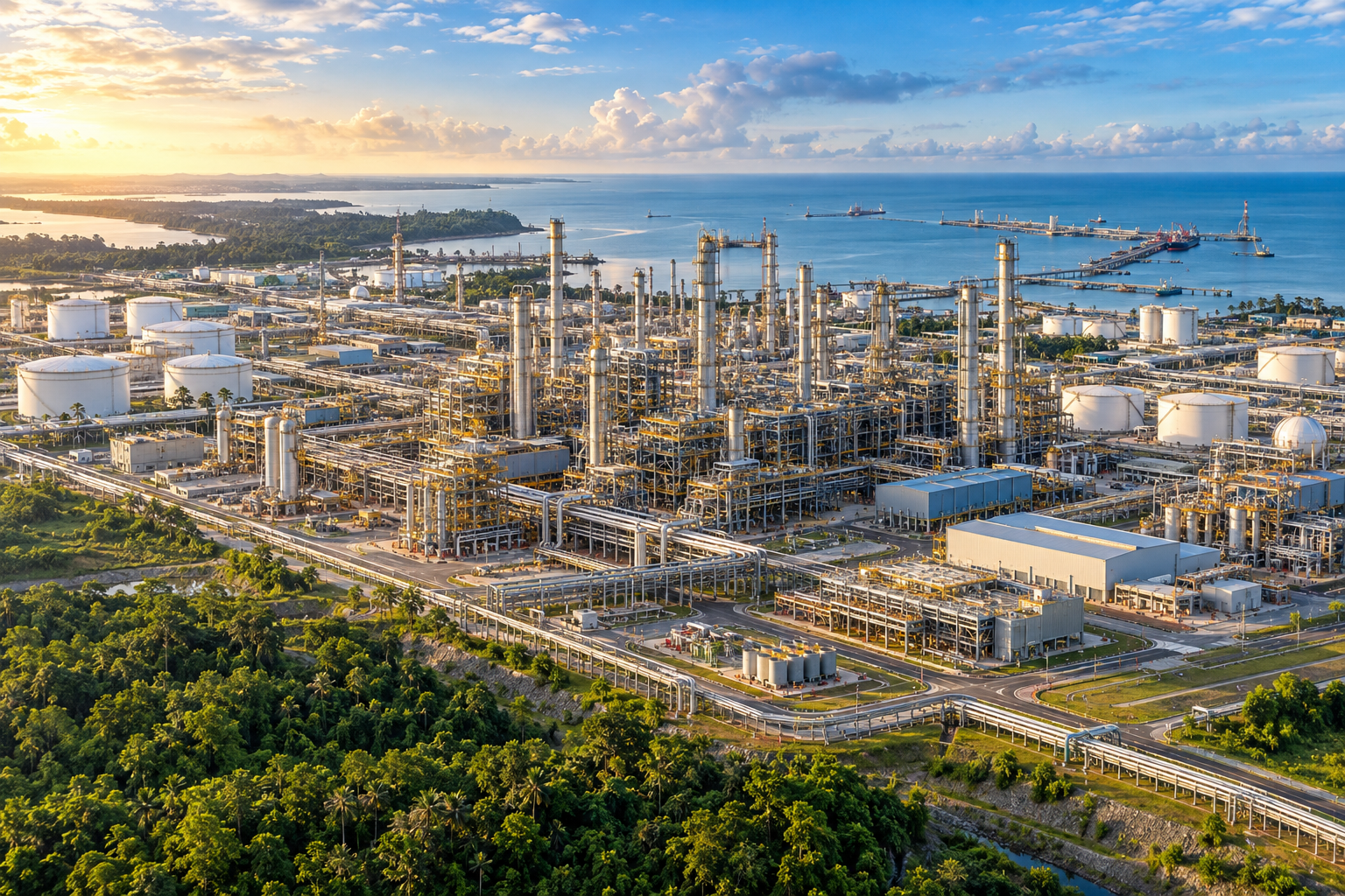AI-generated aerial view of a large coastal oil and gas processing plant and factory complex